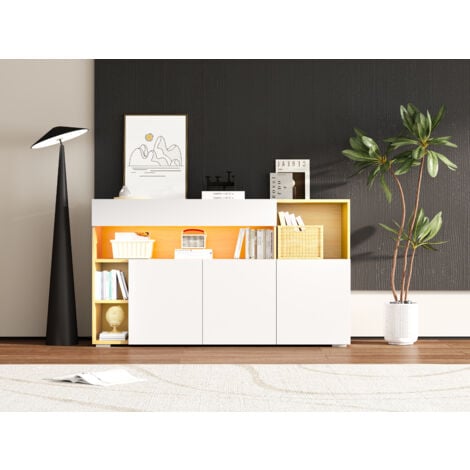 Buffet blanc, commode avec éclairage LED, tiroir, étagère en verre et portes en bois, pour chambre et salon, 140x40x70 cm, blanc