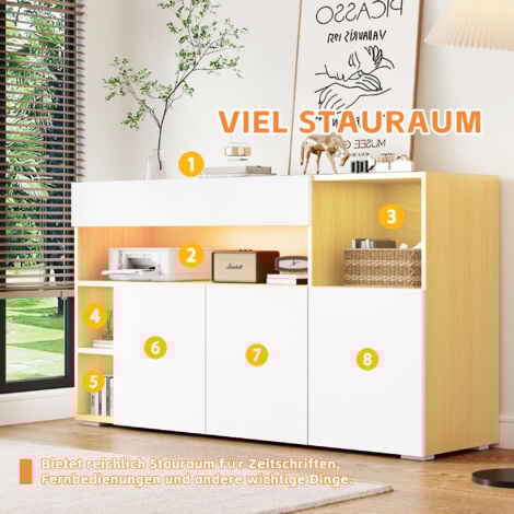 Buffet blanc, commode avec éclairage LED, tiroir, étagère en verre et portes en bois, pour chambre et salon, 140x40x70 cm, blanc