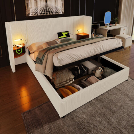 Okwish – Lit coffre 180 x 200 cm – Lit double rembourré avec table de chevet – Éclairage LED et ports USB-C – Tissu velours côtelé beige