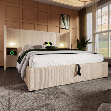 Lit coffre lit double rembourré 180×200 cm avec table de chevet lampe de lecture et chargeur usb type-c ensemble literie gris