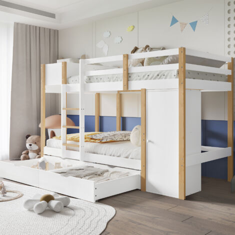 Lit superposé 90x200 cm lit enfant avec échelle, 2 casiers et deux tiroirs à roulettes, en pin+MDF, blanc+naturel