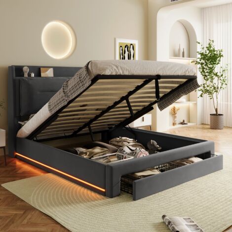 Lit coffre 160x200 cm lit double hydraulique avec lumineux LED, tiroirs de rangement et sommier à lattes, en velours, gris foncé, sans matelas