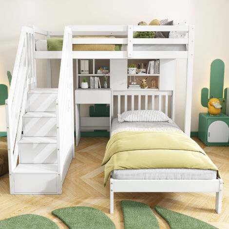 Lit superposé, lit double, lit enfant multifonctionnel, fonction rangement, avec bureau et étagères, avec sommier à lattes, blanc, 90200 Lit superposé, lit double, lit enfant multifonctionnel, fonction rangement, avec bureau et étagères, avec sommier à lattes, blanc, 90200