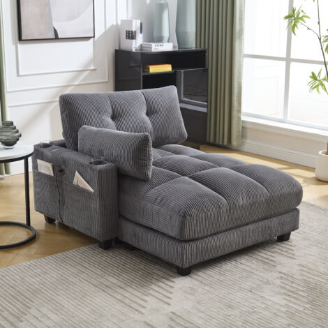 Okwish – Fauteuil relax en velours gris – Accoudoirs interchangeables – 2 porte-gobelets – Poche de rangement – Conception minimaliste moderne