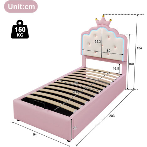 Lit gigogne 90x200 cm - Lit enfant avec éclairage LED et recharge USB - rangements ouverts - lin
