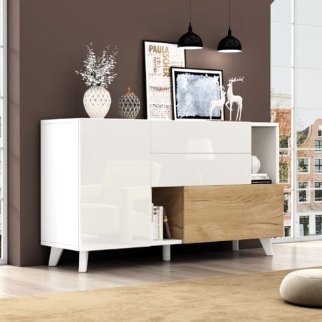 Buffet blanc brillant, buffet de salle à manger, meuble de salon avec tiroir, une porte coulissante, 130x40x70 cm