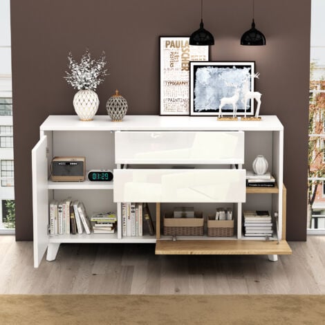 Buffet blanc brillant, buffet de salle à manger, meuble de salon avec tiroir, une porte coulissante, 130x40x70 cm