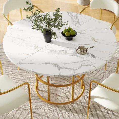 Okwish – Table de salle à manger ronde blanche 4-6 places – Plateau en MDF marbré – Pieds en métal dorés – Dimensions 100x100x76cm