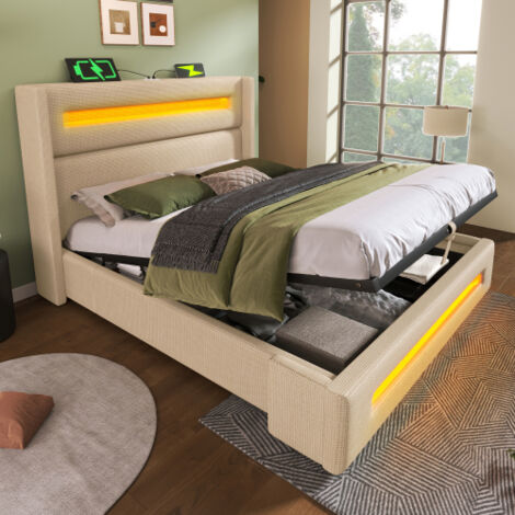 Lit Coffre 140x200 Cm Avec Tête De Lit LED Et Ports USB - Rangement Hydraulique, Sommier Lattes, Cuir PU - Noir - UnboxGermany