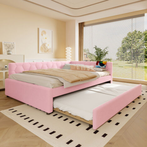 Okwish – Lit enfant 140x200cm avec lit gigogne – Éclairage LED et port USB – Tissu en velours rose – Matériaux de haute qualité