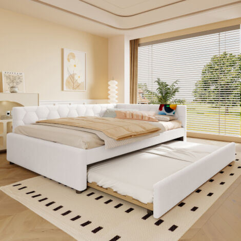 Okwish – Lit enfant 140x200cm avec lit gigogne – Éclairage LED et port USB – Tissu en velours blanc – Dimensions intérieures 140x200cm