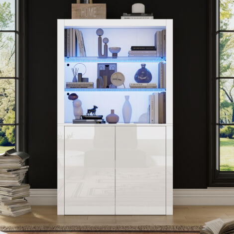 Vitrine blanc brillant avec éclairage LED, meuble de rangement avec plateau en verre trempé, 100x35x170 cm