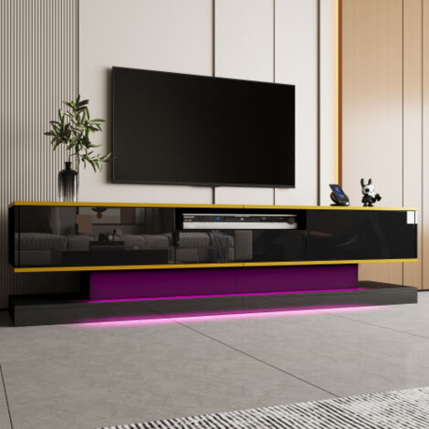Meuble TV noir brillant avec 3 tiroirs et éclairage LED, support TV, 180x38x45 cm (1/5)