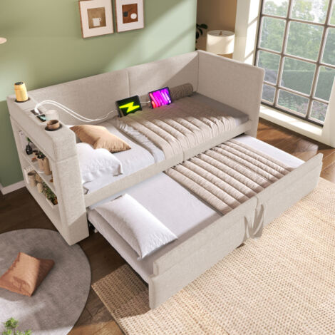 Canapé convertible 90x200 cm canapé-lit simple avec lit gigogne, prise USB et porte-gobelet, tissu en coton et lin, beige, sans matelas (1/5)