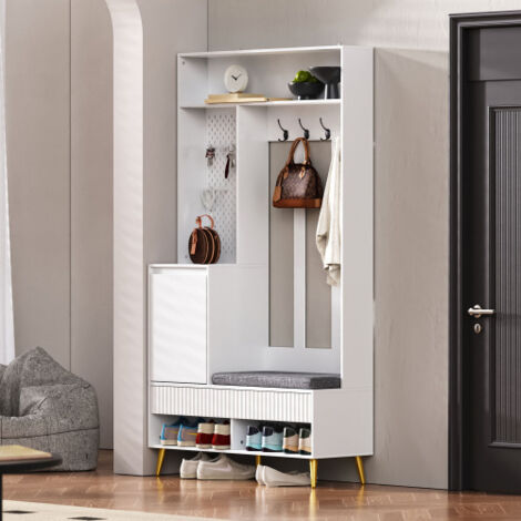 Ensemble porte-mateau d'entrée avec banc à chaussures, 4 crochets, 2 tiroirs et 1 porte, Blanc, 100x35x180 cm