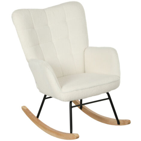 Fauteuil à bascule avec aspect polaire berbère, accoudoir et patins en bois, Blanc