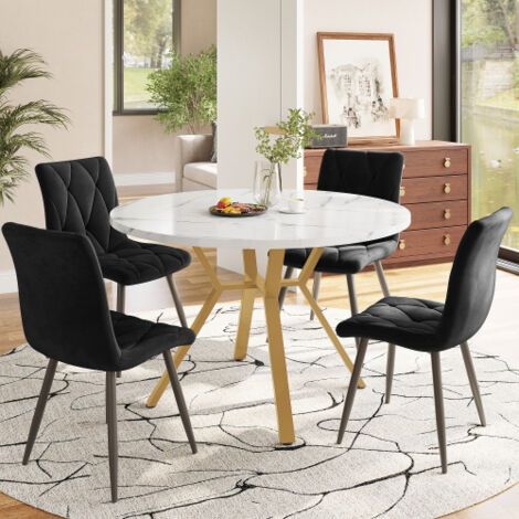Ensemble table à manger et 4 chaises, pieds de table en métal doré + 4 chaises ergonomiques en velours noir