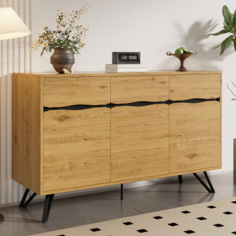 Buffet naturel avec 3 portes aspect bois et pieds en métal, 140x40x76 cm (1/5)