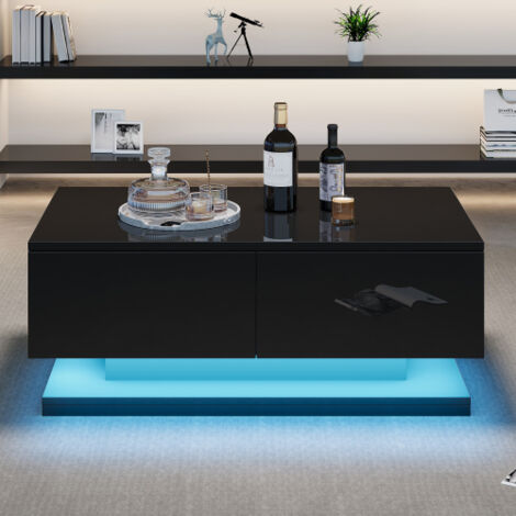 Table basse noire brillante avec 2 tiroirs et éclairage LED, 90x50x38 cm (1/5)