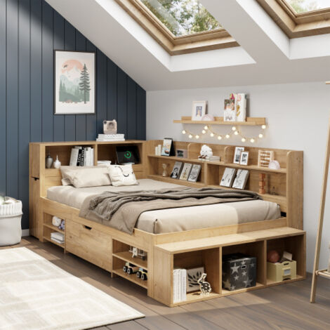 Lit enfant 90 x 200 cm, lit simple avec tiroirs de chevet coulissants, étagère et meuble de rangement, naturel, sans matelas