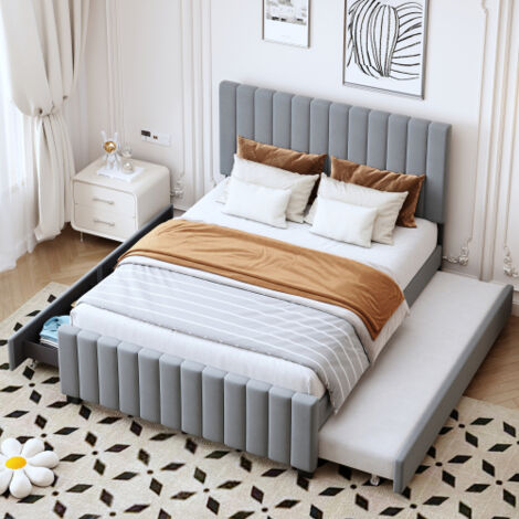 Lit adulte 140x190 cm, lit double avec lit gigogne, 2 tiroirs, tissu en velours gris, sans matelas