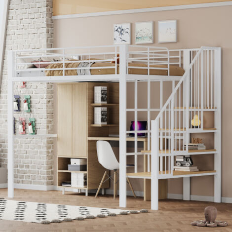 Lit mezzanine 140x200 lit enfant avec espace de rangement spacieux sous le lit et les escaliers, structure en métal, blanc, sans matelas