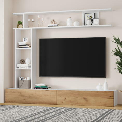 Okwish – Ensemble de meubles de salon – meuble TV 180x35x22,5 cm – étagère murale et sur pied – blanc et bois – rangement optimisé pour petits espaces
