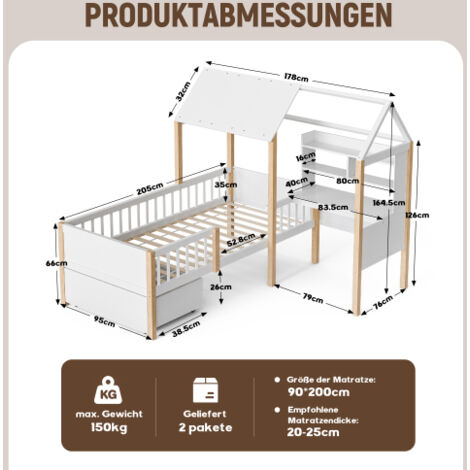 Magnifique Lit Cabane, En Bois Massif Avec Grille Et Sommier à Lattes, Avec Protection Antichute Pour Enfants Et Adolescents Naturel 200x90cm 96394314