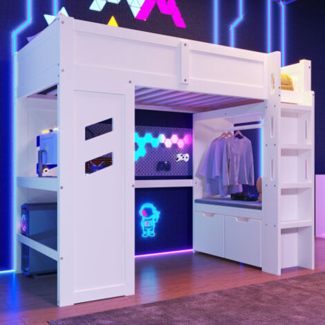 Okwish – Lit mezzanine 90x200 cm – Bureau intégré avec éclairage LED et port USB – Structure en pin massif et MDF – Blanc – Tiroir de rangement