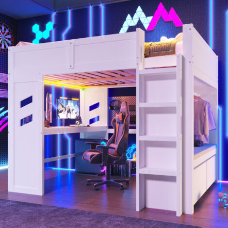 Okwish – Lit mezzanine 140x200 cm avec bureau – Éclairage LED contrôlable – Port USB – Tiroir de rangement – Structure en pin massif – Blanc