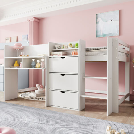 Lit mi-hauteur 90x200 cm, lit enfant avec multiples compartiments et espace de jeu sous le lit, en bois, blanc, sans matelas