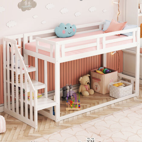 Lit mezzanine - lit 90x200 cm avec escalier de sécurité et sommier à lattes - en bois - blanc - sans matelas