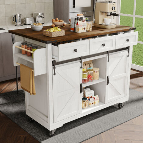 Desserte de cuisine balnc - plan de travail extensible - avec 2 portes coulissantes et 3 tiroirs - buffet bois