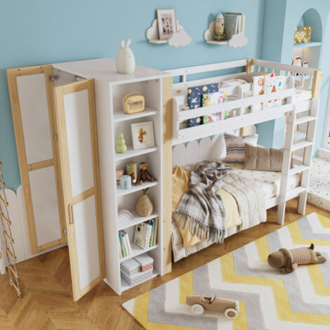 Lit superposé - lit 90x200 cm - avec barrière de sécurité, 6 étagères ouvertes, armoire latérale - en bois - blanc - sans matelas