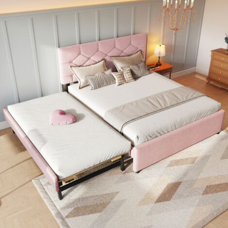 Lit gigogne - lit 140x200 cm - sommier lattes, tiroir - tissu en velours rose - sans matelas.