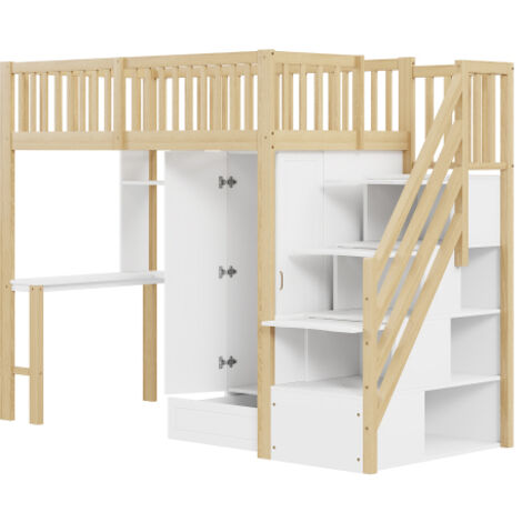 Lit mezzanine 90x200 cm avec grand placard, étagères, bureau, rangement ...