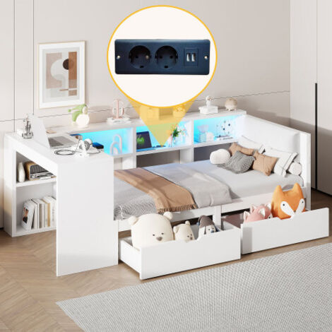Lit avec tiroirs 90x200 cm avec étagères, tiroirs, station de recharge, tête de lit et éclairage LED coloré – Blanc - Sans matelas (1/5)