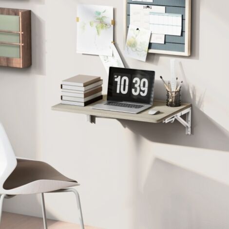 Table murale pliante 60x40cm, coins arrondis, gain de place, pour bureau maison, salon, chambre, cuisine - Chêne