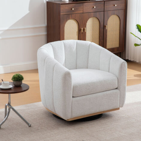 Fauteuil rembourré pivotant à 360°, piètement métal, décoration à pompons, design citrouille, pour salon, salle familiale, chambre, espace de détente - Tissu chenille ivoire