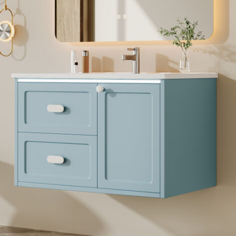Meuble sous vasque suspendu avec led à capteur radar et 2 tiroirs, bleu, 76x46x51 cm