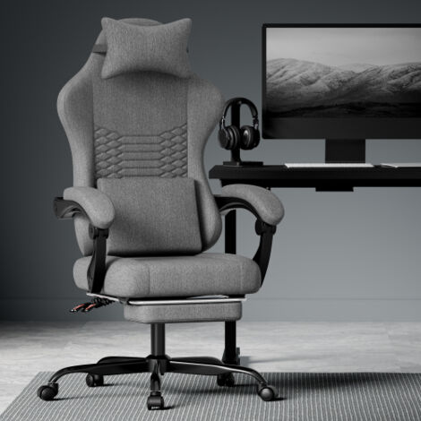 Chaise de jeu ergonomique en tissu avec appuie-tête et repose-pieds，gris foncé