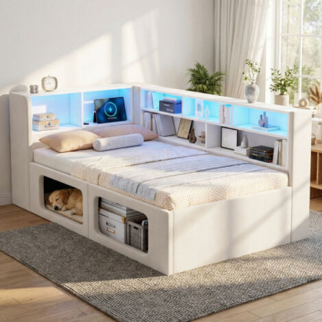 Lit enfant - avec rangements, LED, ports USB et Type-C, sommier à lattes - en velours - Beige - Sans matelas