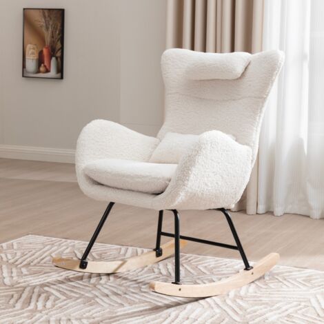 Rocking chair blanc - Fauteuil à bascule avec dossier haut, appui-tête et coussin lombaire peluche teddy