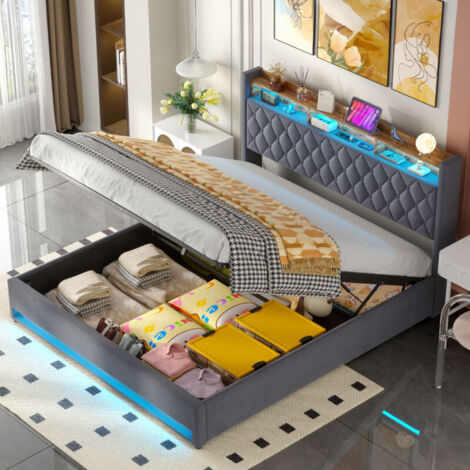 Lit coffre 180x200 cm - Cadre de lit avec tête de lit, 2 prises électriques et 2 ports USB, LED, en velours hollandais gris foncé, sans matelas (1/5)