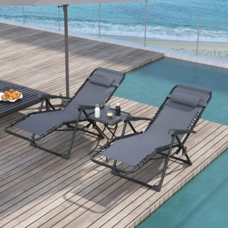 Lot de 2 chaises longues pliantes zéro gravité – Appuis-tête inclus, table d’appoint, 2 porte-gobelets, métal gris