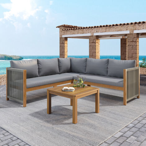 Salon de jardin d angle avec table basse en acacia massif, coussins gris, accoudoirs en corde tressée (1/5)