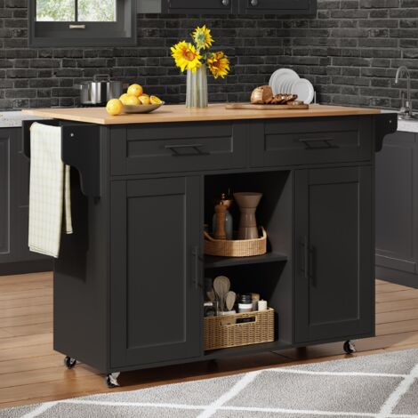 Desserte de cuisine avec table extensible, 2 tiroirs et 5 roulettes, noir, 145x70x94,5 cm