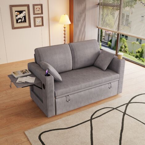 Fauteuil convertible, dossier réglable sur 5 positions, velours côtelé, gris
