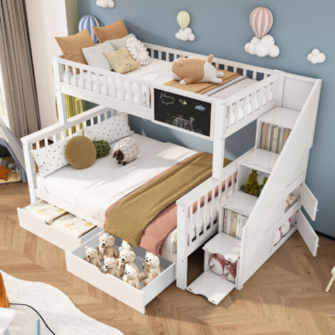 Lit superposé enfant, lit double, lit enfant multifonctionnel, avec planche et tiroirs, sans matelas, blanc, 90200+140200[OLD SKU:3232578901AAK] (1/5)