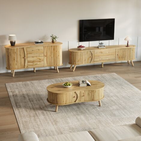 Ensemble de meubles de salon avec meuble TV, buffet et table basse, portes coulissantes et forme arrondie, en naturel
